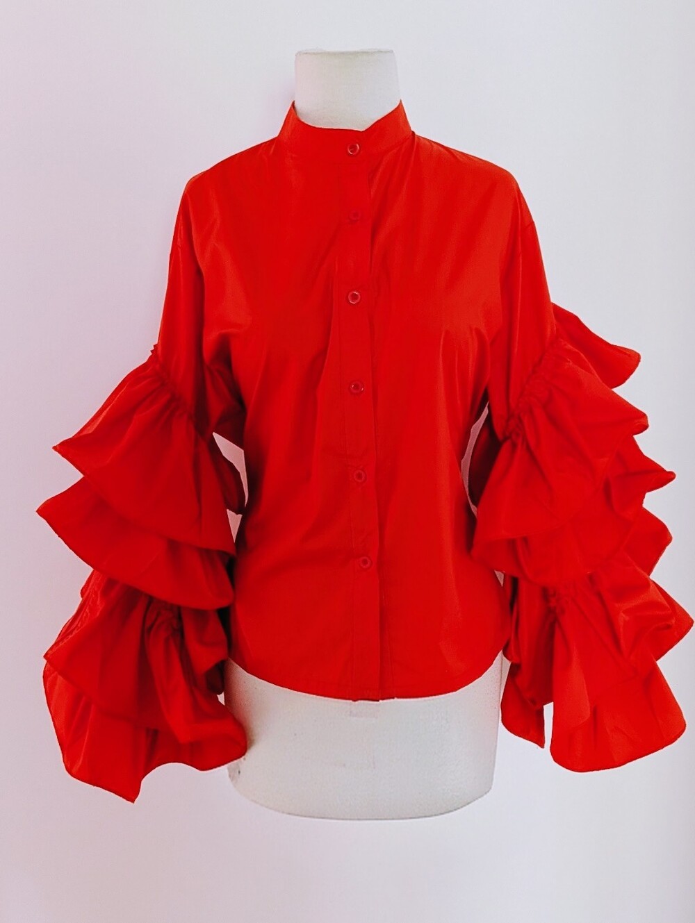 Women's Red Ruffled Sleeve Button-Up Top